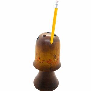 Mushroom Pencil Holder Vintage Wooden Hand Turned Lightweight Kitsch Painted